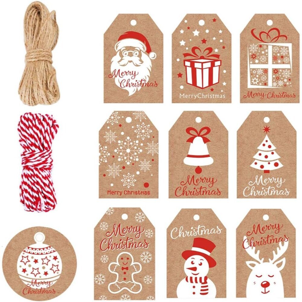 100 Pack Brown Kraft Paper Christmas Gift Tags, Xmas Brown Kraft Gift Tags with